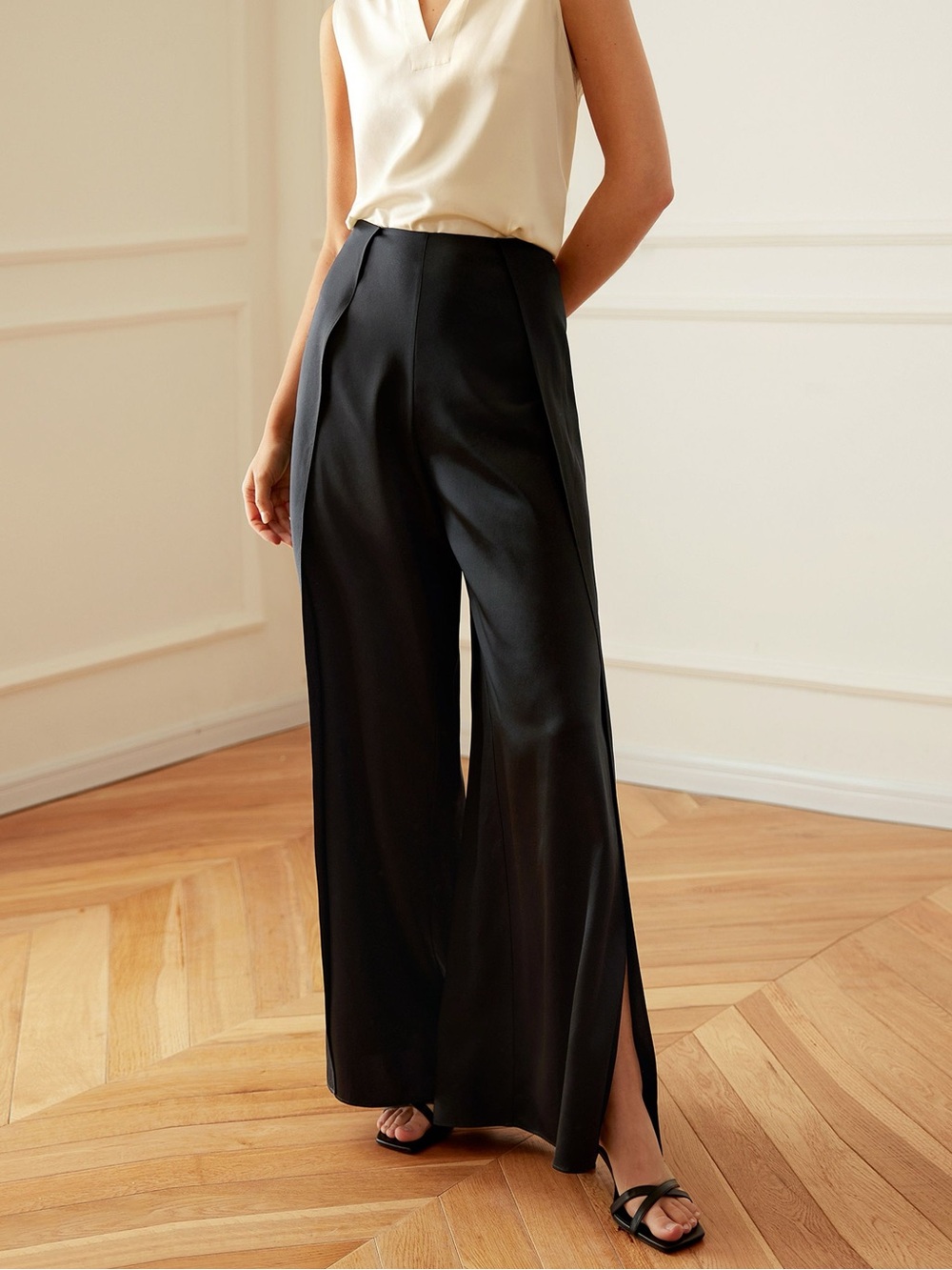 Lily Silk High-Waisted Silk Ginkgo Pants Black